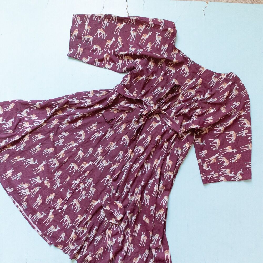 eShatki Maroon Deer Print Crepe Short Sleeve Wrap Dress Size XL/1X - Picture 9 of 9